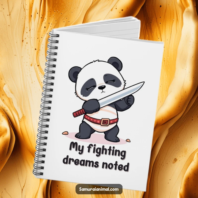 Funny Notebook showcasing a sleepy panda awkwardly attempting a sword stance, perfect for jotting down notes with a dose of cute effort.