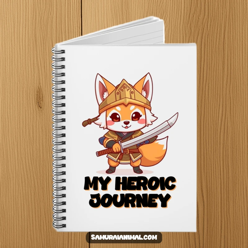 Funny Fox Warrior Notebook, a cheerful fox in a helmet brandishes a toy sword, perfect for notes.
