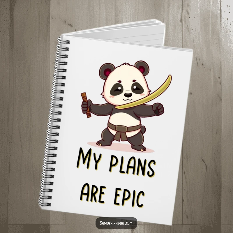 Funny panda warrior notebook with a playful panda wielding a bamboo sword, ready to jot down humorous notes and plans.