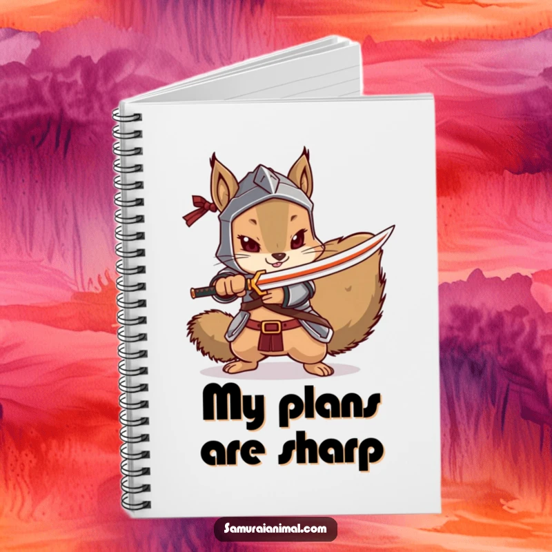 Funny squirrel notebook featuring a squirrel warrior pointing a tiny katana, perfect for note-taking.