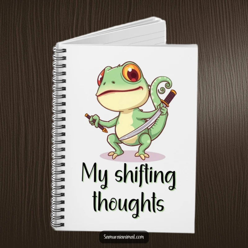 Funny Chameleon Sword Notebook: A joyful chameleon swings a samurai sword, its tail curled, perfect for jotting down fun plans.
