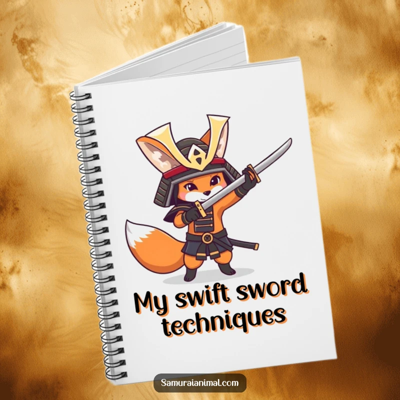 Funny fox character with a samurai helmet playfully practicing sword swings, perfect for a stylish and humorous notebook.