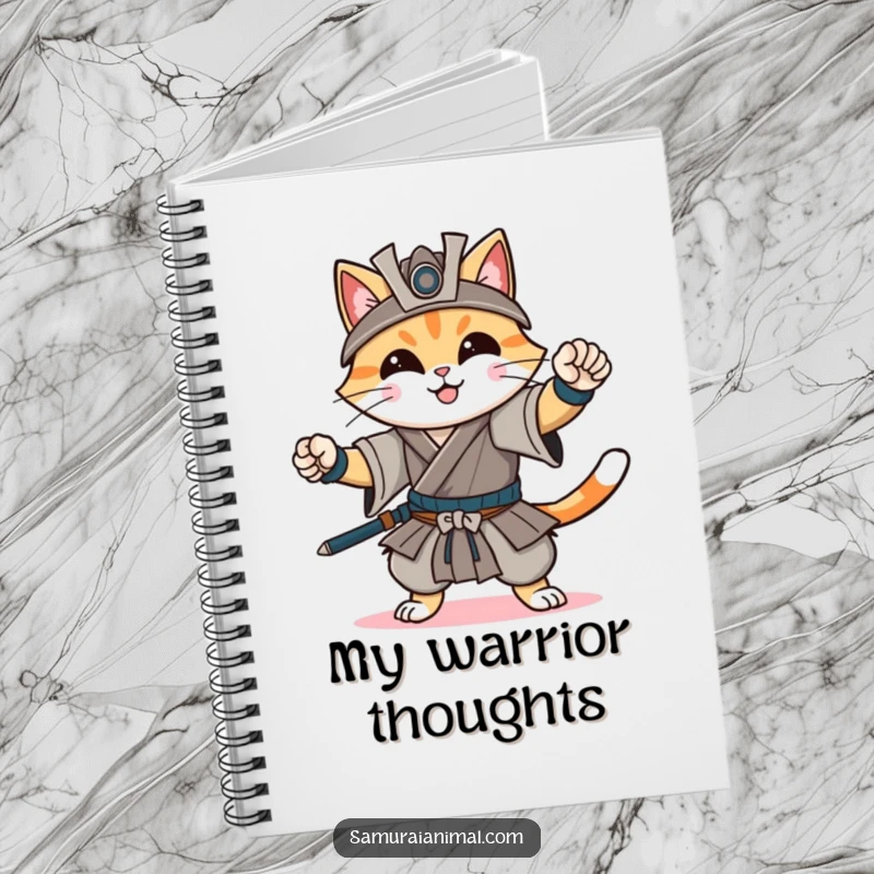 Funny notebook with a cheerful cat confidently striking a dynamic samurai pose, ready to jot down plans with a gentle smile.