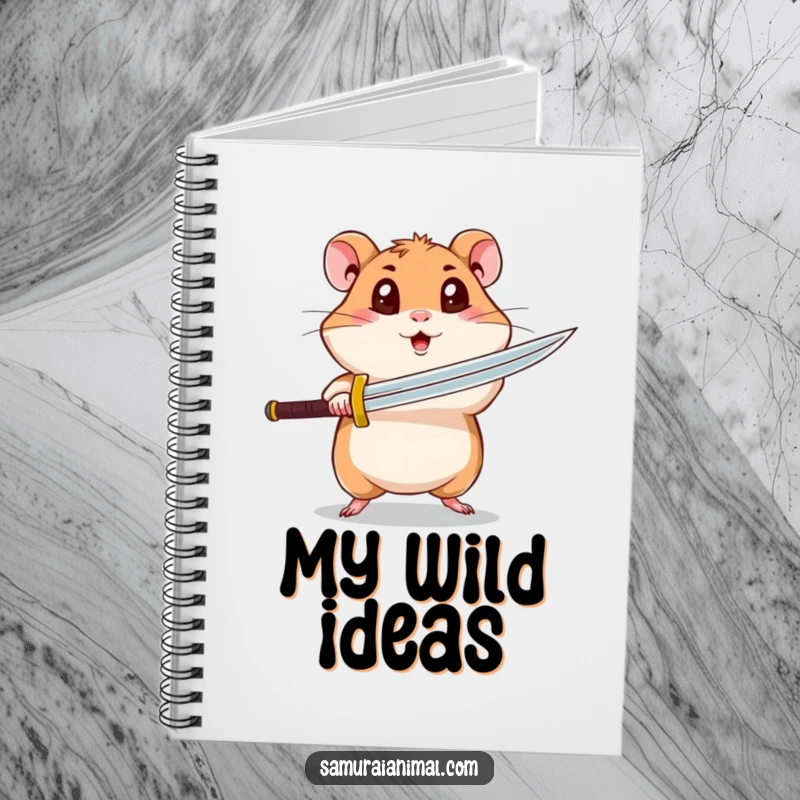 Funny hamster notebook featuring a curious hamster with wide eyes executing a spinning sword attack, perfect for writing notes.