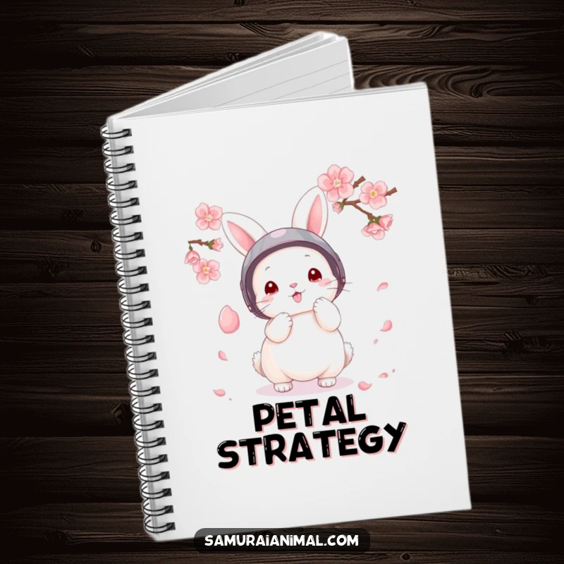 Funny Notebook with a fluffy bunny in a tiny helmet parrying a falling cherry blossom petal, great for writing.