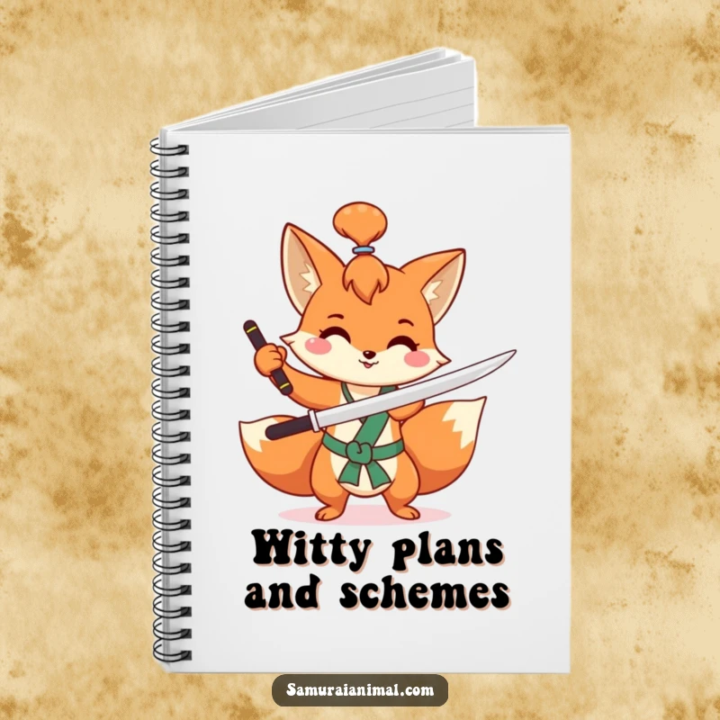 Funny fox notebook featuring a mischievous fox with a topknot, happily practicing a sword flourish, ideal for notes.