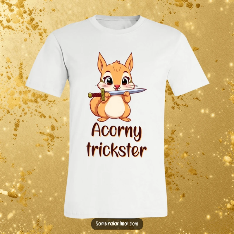 Funny Squirrel Sword T-Shirt: A small squirrel with excited eyes comically attempts to balance a sword on its nose.
