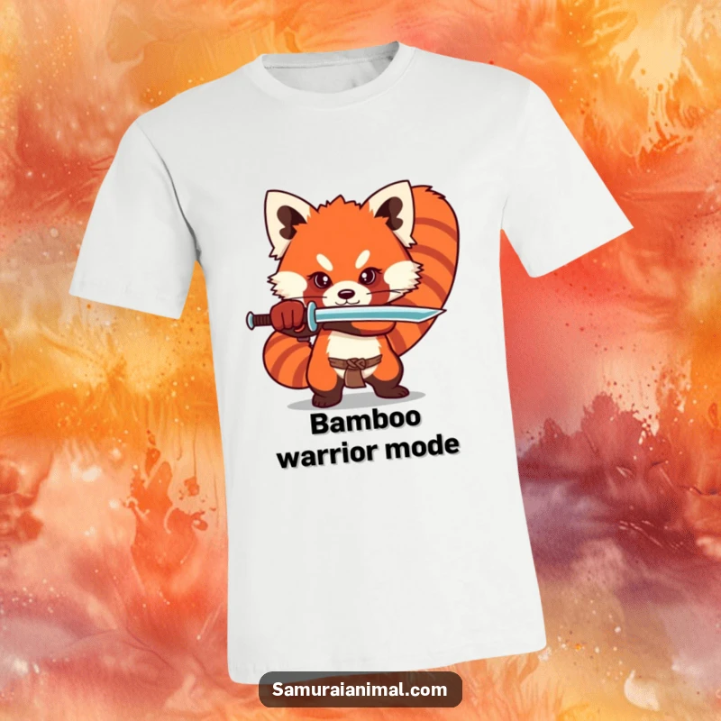 Funny red panda t-shirt depicting a stylized character in a dramatic sword stance, embodying adorable strength and anime themes.