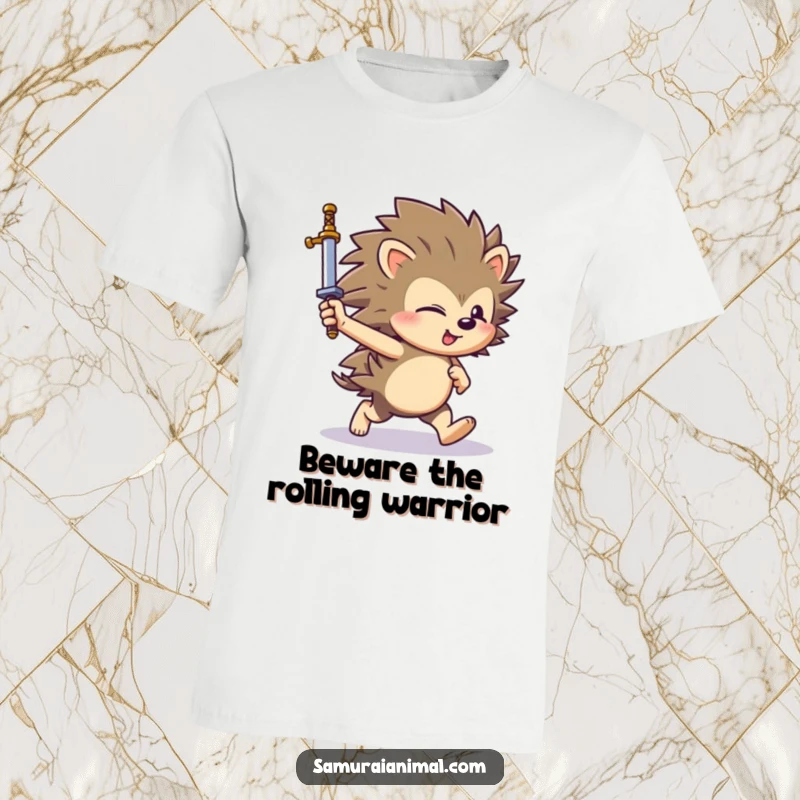 Funny hedgehog rolling into action with a sword, on a t-shirt, embodying playful courage and a humorous, unstoppable spirit.
