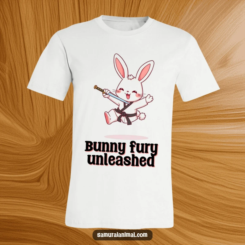 Funny t-shirt depicting a cheerful bunny executing an impressive karate kick while wielding a tiny sword, showcasing agility and humor.