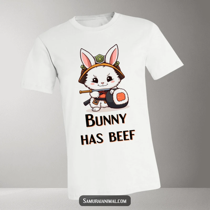 Funny Rabbit Samurai T-Shirt: A fluffy white rabbit dressed as a samurai parries a sushi roll with a tiny sword.