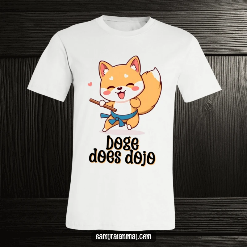 Funny Shiba Inu t-shirt depicting a playful dog executing a low sweep with a wooden stick, showcasing canine agility.