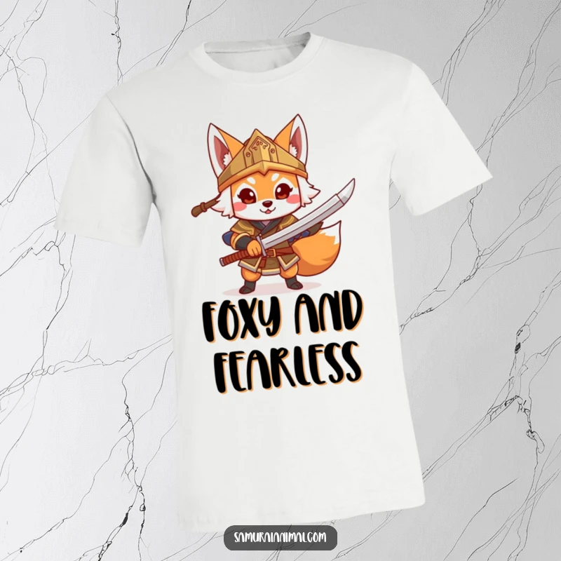 Funny Fox Warrior T-Shirt, a cheerful fox wearing a helmet brandishes a toy sword, playful and heroic.