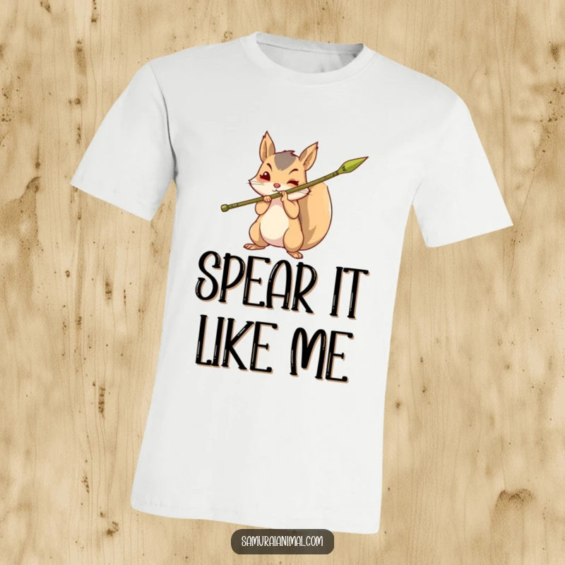 Funny t-shirt featuring a brave squirrel holding a sharpened bamboo spear, perfect for outdoor adventures and brave souls.