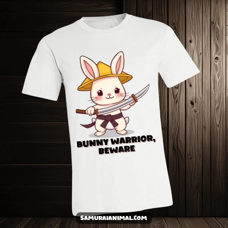Funny T-Shirt showing a tiny bunny in a straw hat brandishing a minuscule katana with gleeful intensity, a martial arts delight.