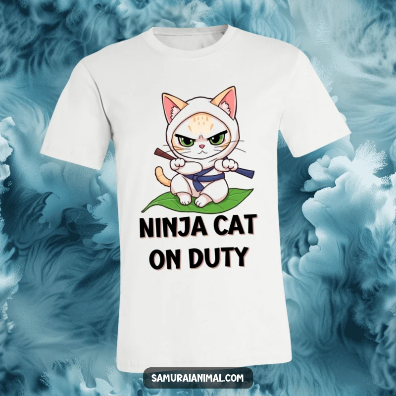 Funny cat character in ninja attire, determinedly rolling on a leaf, a humorous and agile t-shirt.