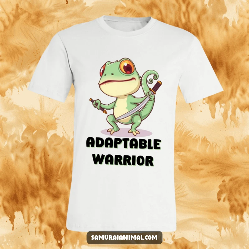 Funny Chameleon Sword T-Shirt: A joyful chameleon playfully swings a small samurai sword, its tail curled, exuding fun.