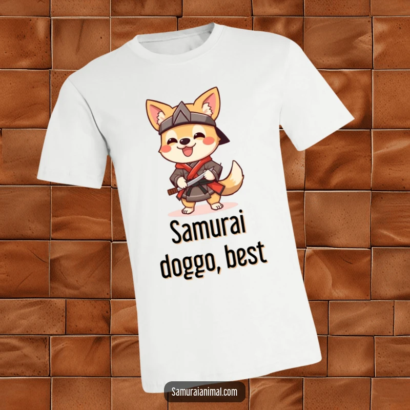Funny T-Shirt depicting a cheerful dog dressed as a samurai, wagging its tail happily while holding a sai.