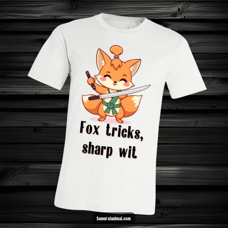 Funny fox t-shirt depicting a mischievous fox with a topknot, smiling while executing a swift sword flourish with agility.