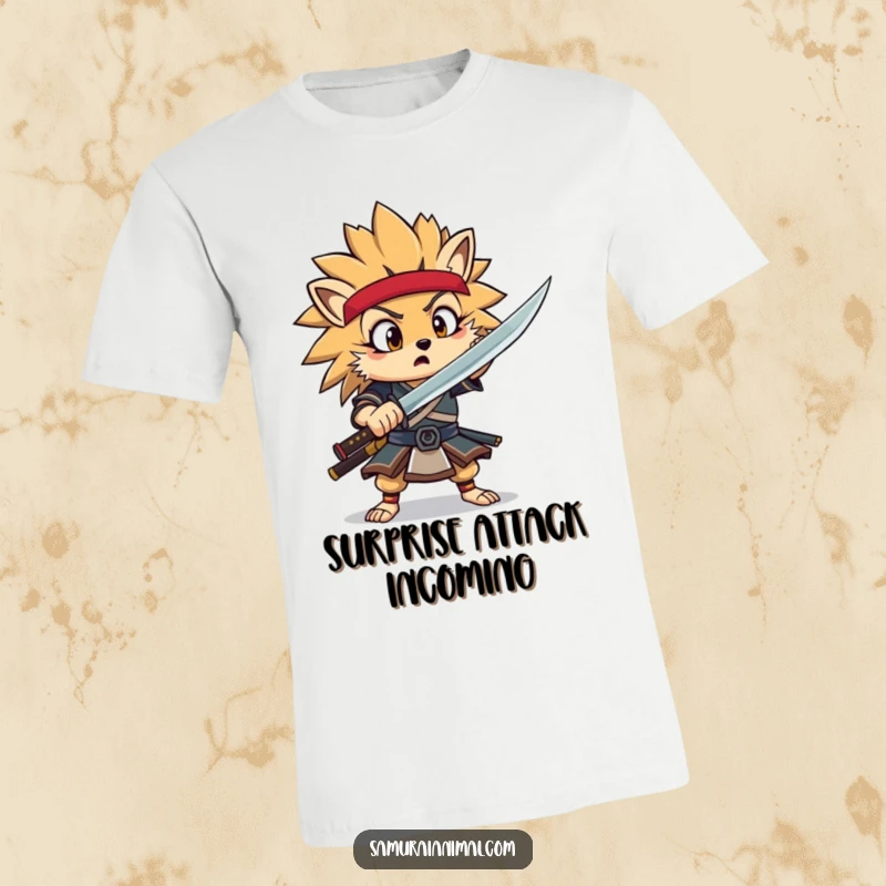 Funny Hedgehog Samurai T-Shirt of a surprised hedgehog in samurai armor doing a dramatic sword flourish.