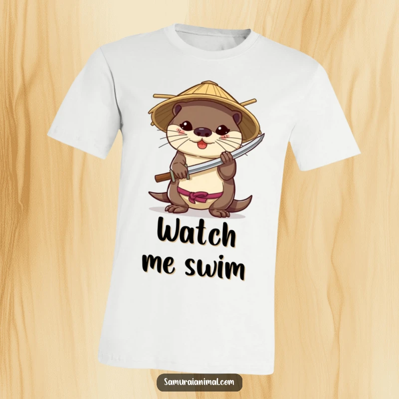 Funny t-shirt depicting a brave otter in a bamboo hat, holding a miniature katana with skill and determination.