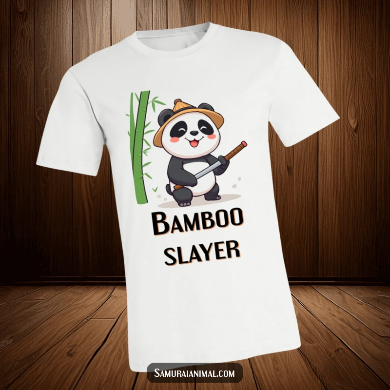 Funny Panda Katana T-Shirt: A graphic tee showing a smiling panda wearing a straw hat, chopping bamboo with a tiny katana.