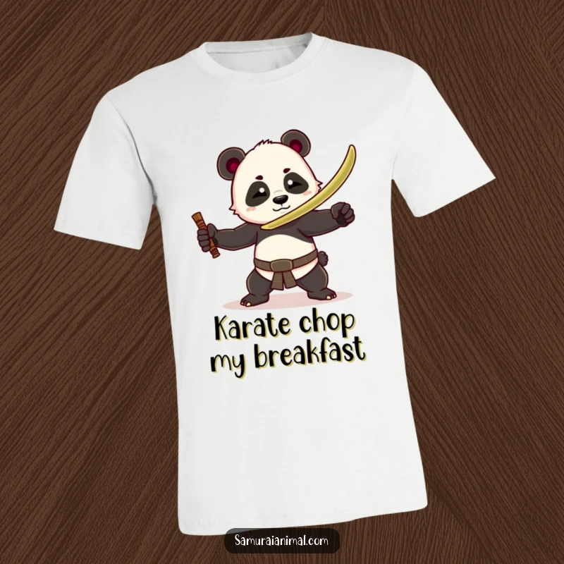 Funny panda warrior t-shirt showcasing a playful panda with a bamboo sword striking a funny, heroic pose, perfect for gift-givers.