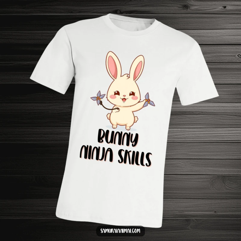 Funny rabbit t-shirt depicting a happy bunny playfully spinning a miniature shuriken with a curious gaze, showcasing cute ninja skills.