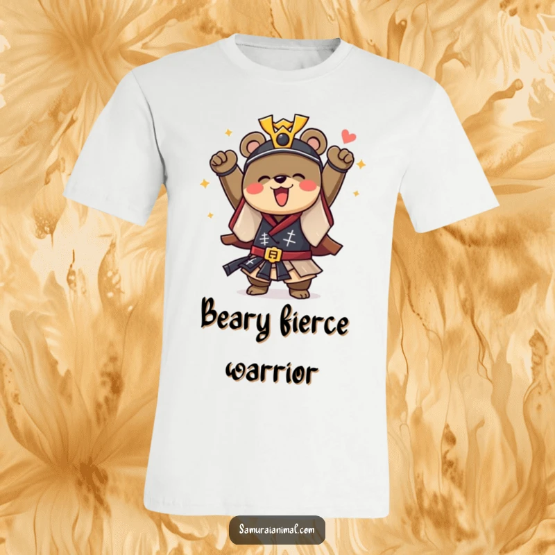 Funny t-shirt showing a courageous bear in a detailed samurai outfit joyfully cheering, ready for any challenge.