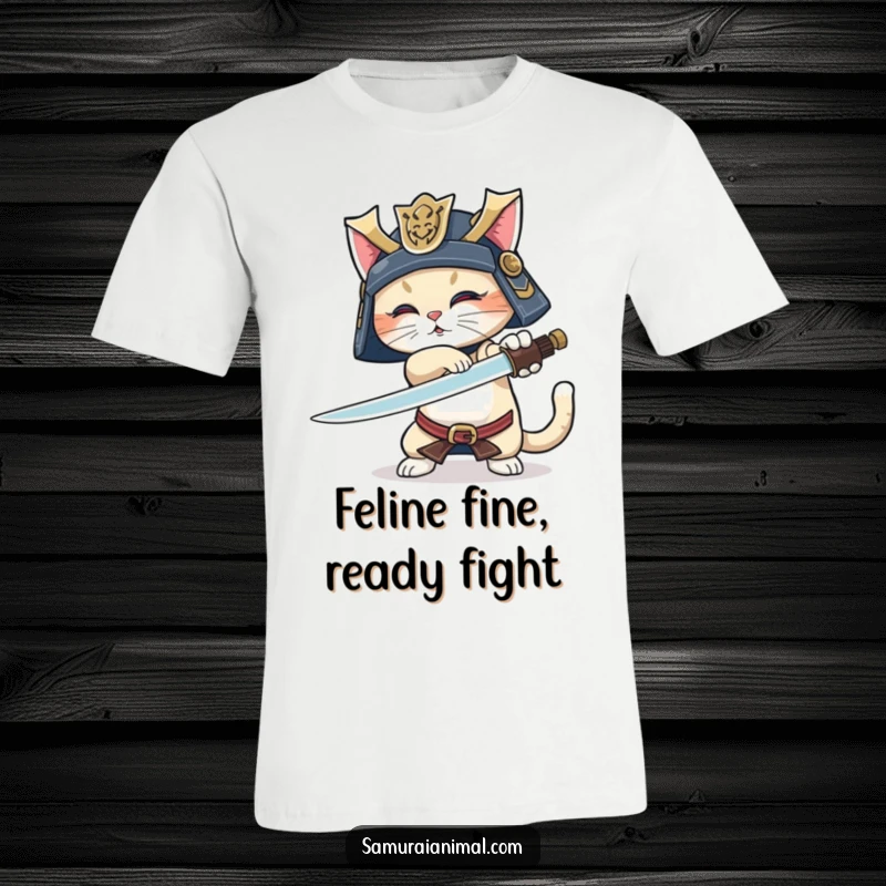 Funny Samurai Cat T-Shirt: Playful cat warrior in helmet, mid-sword trick flourish, tail wagging with energetic mischief.