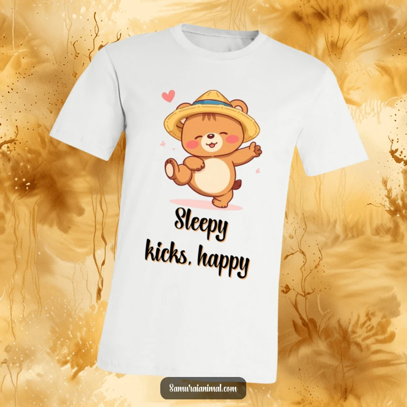 Funny bear cub t-shirt depicting a sleepy bear in a straw hat, smiling as it attempts a high kick, full of whimsy.