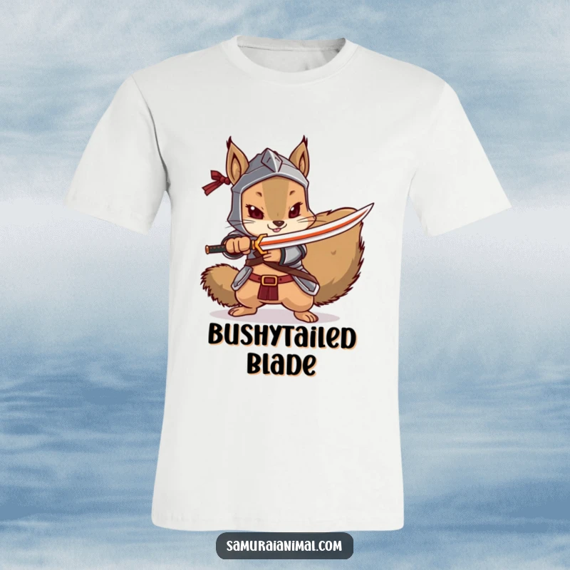 Funny squirrel t-shirt depicting a squirrel in armor, dramatically wielding a tiny katana with fierce determination.