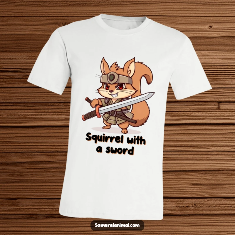 Funny squirrel samurai t-shirt, playful character with wooden katana, determined grin, cute warrior graphic.