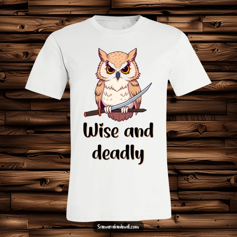 Funny stoic owl character holding a tiny katana heroically, printed on a comfortable tee for a humorous and unique fashion statement.