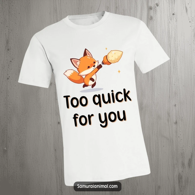 Funny tiny fox artfully dodging an oversized imaginary projectile with swift movement on a t-shirt, showcasing playful agility.