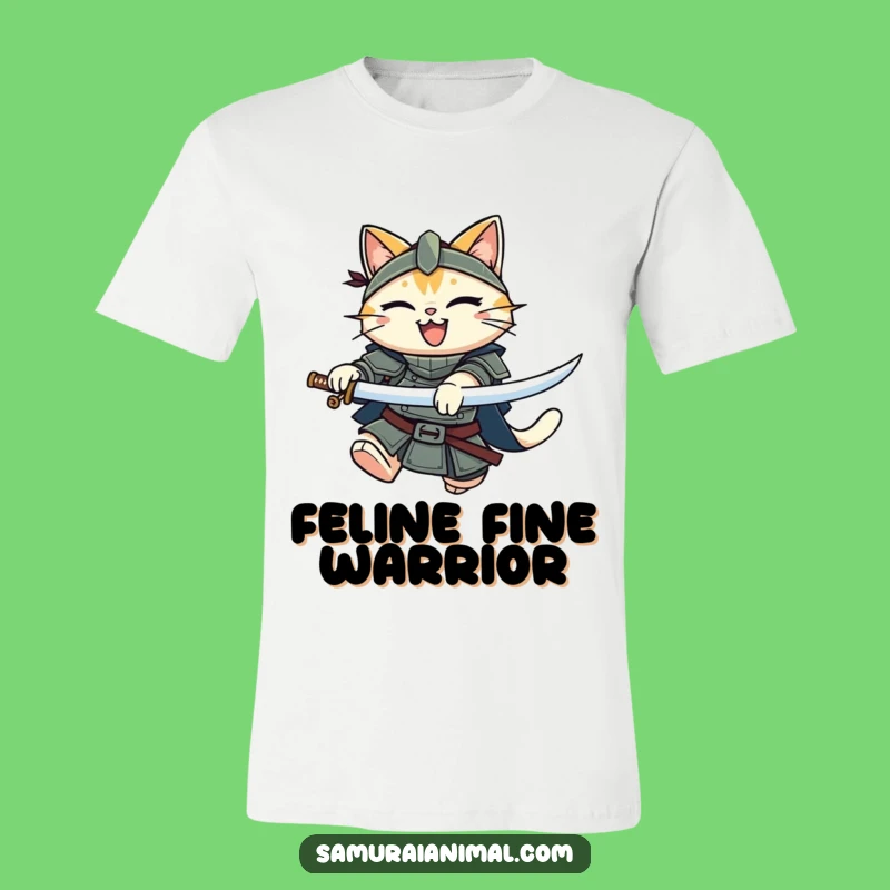 Funny Warrior Cat T-Shirt: Joyful Feline Knight Leaping With Katana, Cool Gift