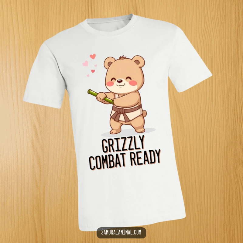 Funny t-shirt showing a happy little bear practicing sword swings with a bamboo stick, showcasing playful martial arts practice.