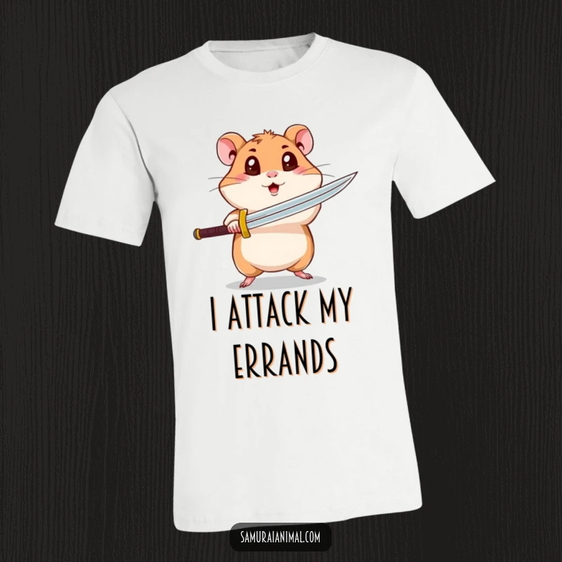Funny hamster t-shirt depicting a curious hamster with wide eyes mid-spin, executing a surprisingly fierce sword attack.
