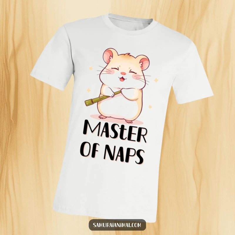 Funny t-shirt with a sleepy hamster humorously demonstrating kung fu, swinging a miniature bamboo staff with a content expression.