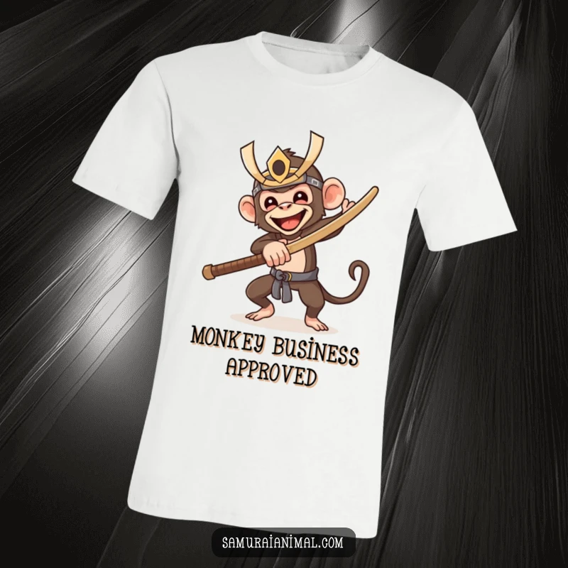 Funny t-shirt with a happy monkey wearing a samurai mask, swinging a wooden sword with immense glee and a brave, goofy expression.