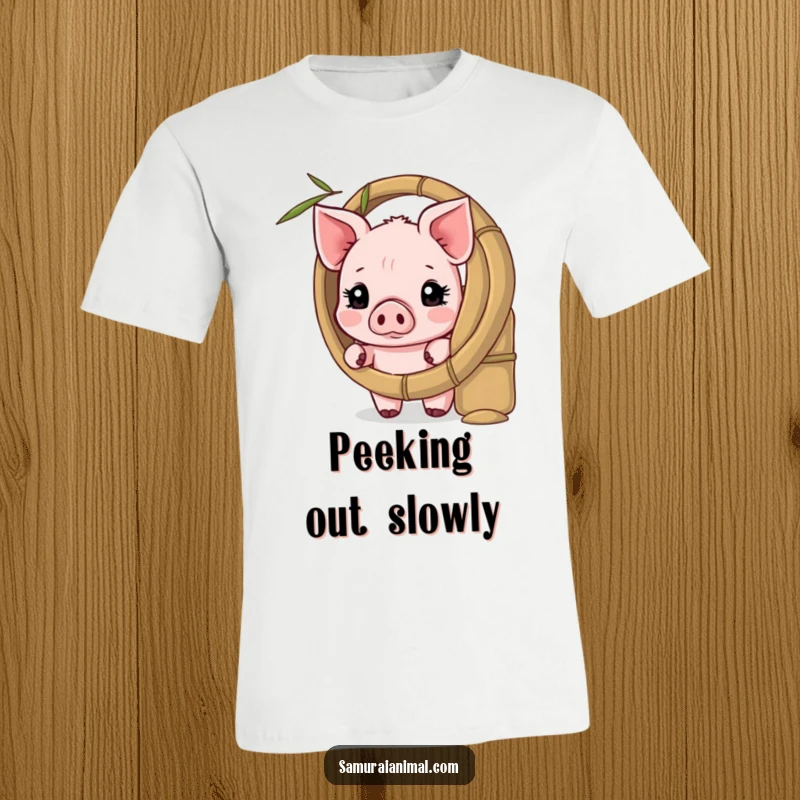 Funny t-shirt featuring a shy piglet peeking out from behind a bamboo shield, perfect for animal lovers.