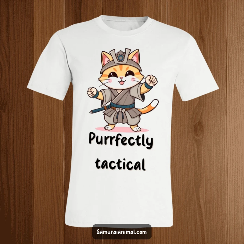 Funny t-shirt showcasing a cheerful cat confidently striking a dynamic samurai pose with a serene smile and sharp focus, ready for anything.
