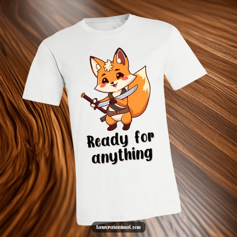 Funny Fox Hero T-Shirt: A graphic tee showing a cheerful fox with a tiny sword strapped to its back, posing dramatically.