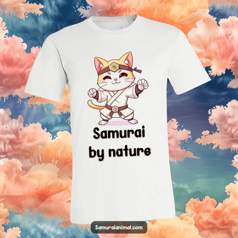 Funny t-shirt depicting a cheerful cat in a dynamic samurai stance, radiating confidence and a gentle smile.