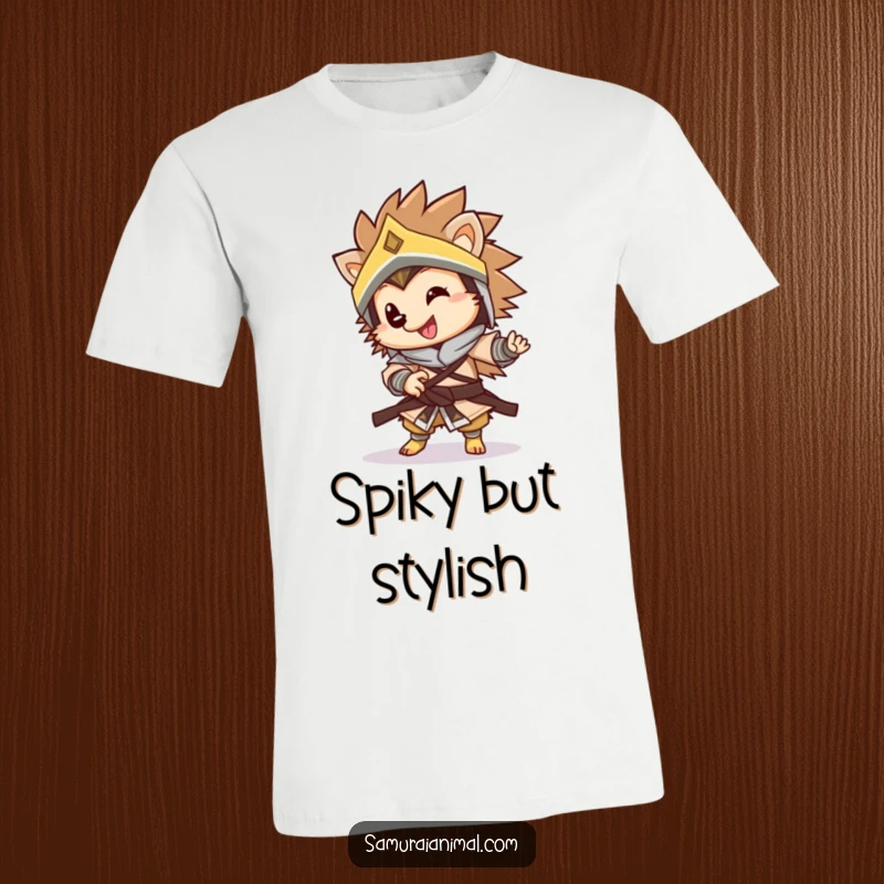 Funny warrior hedgehog t-shirt with a happy, armored hedgehog executing a dynamic, playful spin, showcasing courage and fun.