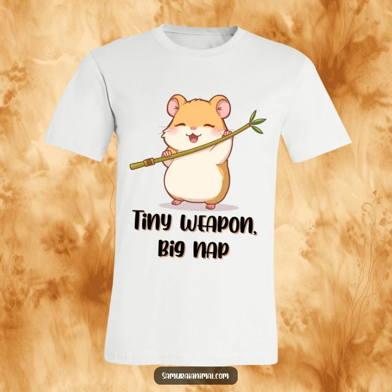 Funny t-shirt featuring a small, sleepy hamster playfully wielding a miniature bamboo staff in a dynamic kung fu pose with a happy smile.