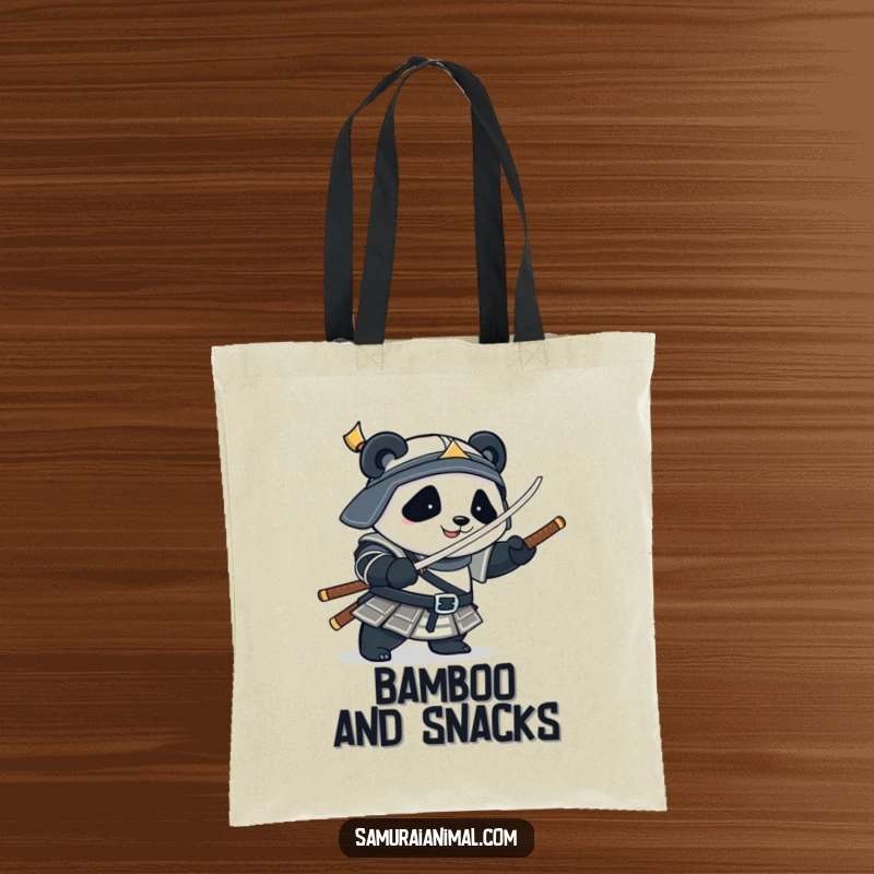 Funny Tote Bag showing a plump panda in samurai armor playfully spinning a bamboo sword, ready for fashionable carrying.