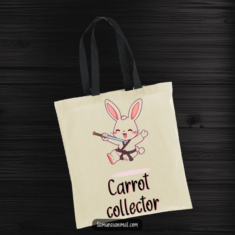Funny tote bag showcasing a cheerful bunny performing a karate kick, perfect for carrying items with a dose of martial arts flair.