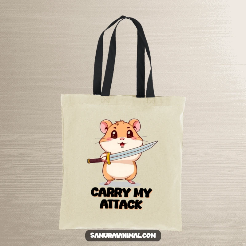Funny hamster tote bag featuring a curious hamster with wide eyes mid-spin attack, a fun accessory for everyday use.