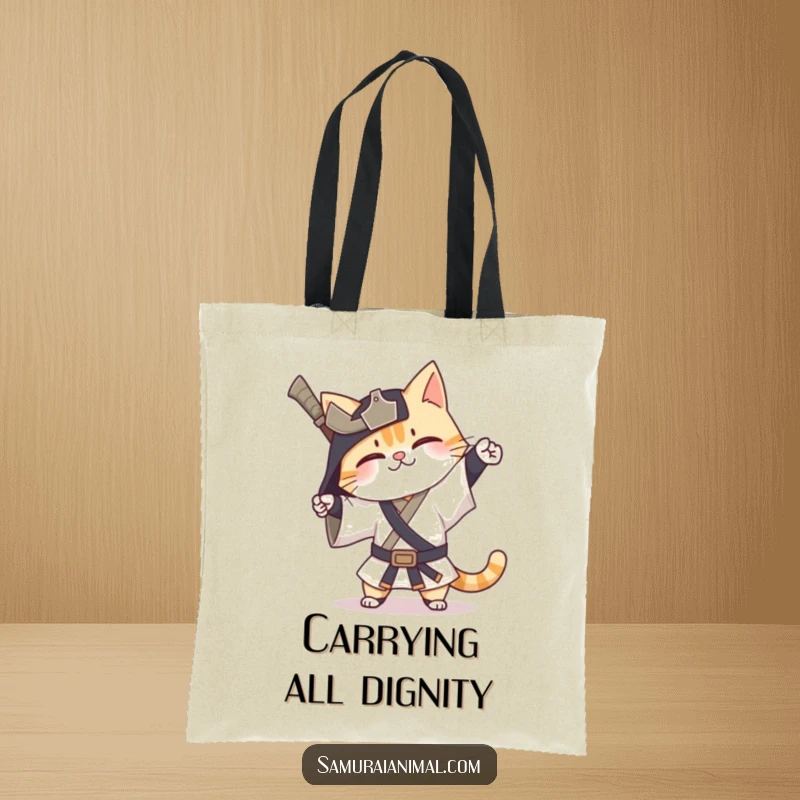Funny Cat Samurai Tote Bag with a happy cat warrior performing an exaggerated bow, great for everyday use.
